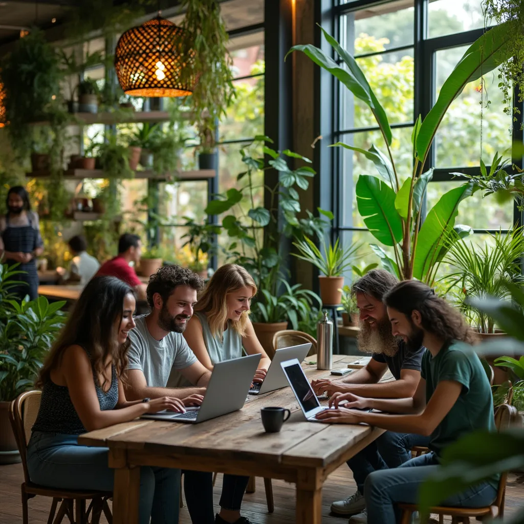 Team of digital nomads working together in co-working space